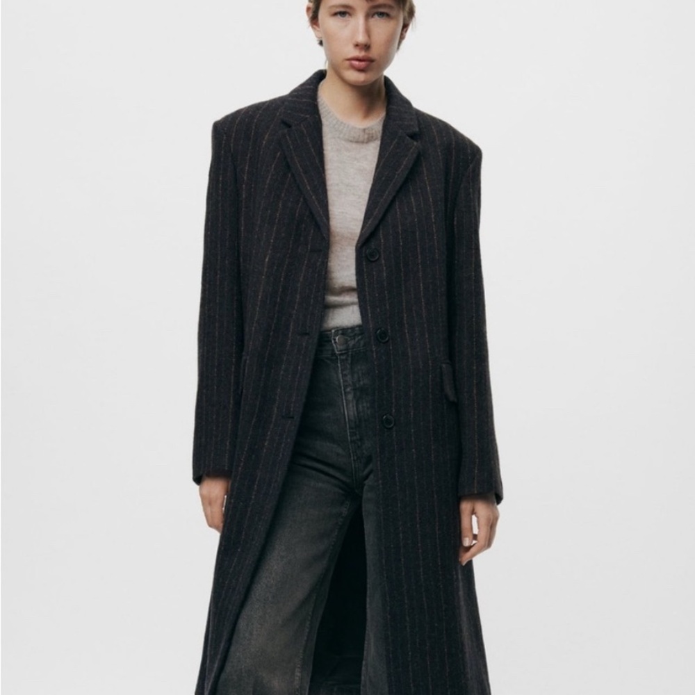 100% Manteco Wool Zara Striped Coat ZW Collection Size M NWOT